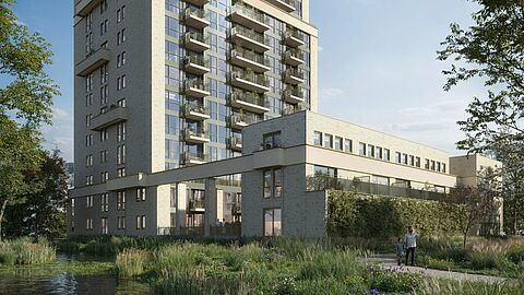 Woongebouw De Loper met appartementen en stadswoningen in Spijkenisse, in een groene omgeving.