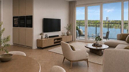 Interieur van een appartement in gebouw Stockholm, met zicht op de Oude Maas.