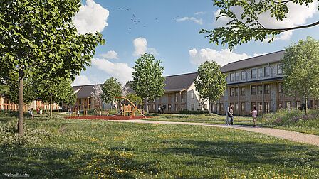 Impressie Krekenbos fase 8 in Zuidland: groen binnenterrein tussen de woningen.
