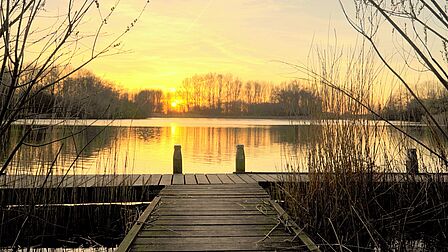 Bernissegebied bij Geervliet met steiger, water en ondergaande zon.