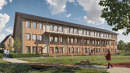 Impressie vierlaagse videwoningen met houtwerk aan de gevels in Krekenbos fase 8.