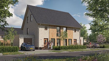Impressie twee-onder-één-kapwoningen met houtwerk aan de gevels in Krekenbos fase 8.