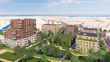 Impressie vanuit de lucht van de parkachtige nieuwbouwwijk District-S in Spijkenisse.