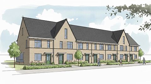 Schets van de rijwoningen in nieuwbouwproject Juliuskreek in Zuidland.