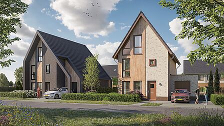 Impressie vrijstaande woningen met houtwerk aan de gevels in Krekenbos fase 8.