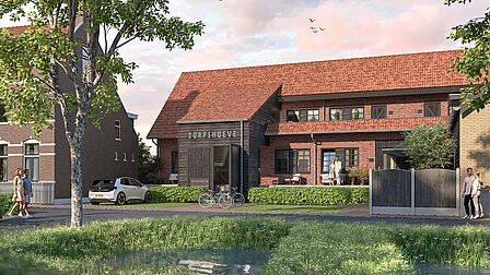 Dorpshoeve in Hekelingen, met veel groen eromheen.