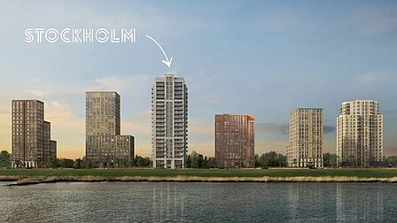 Impressie woontorens aan de Oude Maas in Spijkenisse. In het midden: woontoren Stockholm.