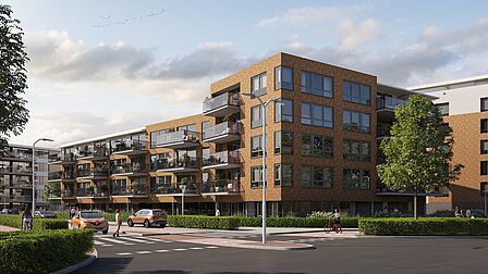 Impressie gebouw Centrumpoort (fase 3) met huurappartementen in Spijkenisse.