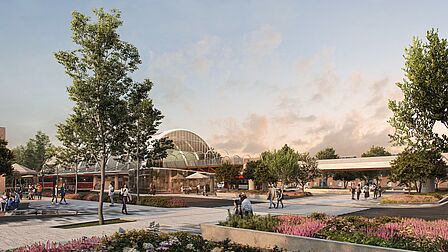 Impressie nieuwbouwproject New Haven, met een groene en sfeervolle buitenruimte naast metrostation Spijkenisse Centrum.