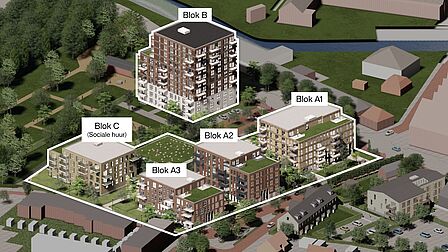Schets vanuit de lucht van nieuwbouwwijk District-S in Spijkenisse. 