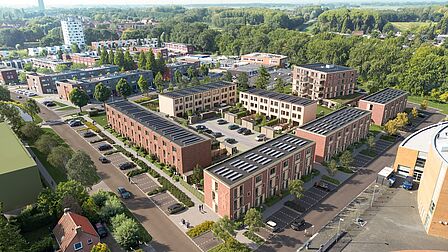 Fase 2 van De Groene Warande vanuit de lucht: eengezinswoningen met platte daken