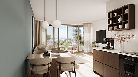 Impressie van het interieur van een appartement in gebouw Stockholm.
