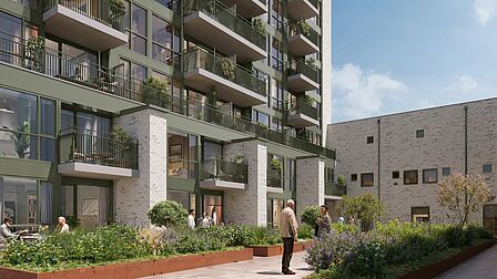 Entreegebied nieuwbouwproject De Loper: stadswoningen en appartementen bij het Centrumpark in Spijkenisse.