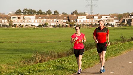 Hardlopers in de polder, met op de achtergrond de wijk Vriesland in Spijkenisse.