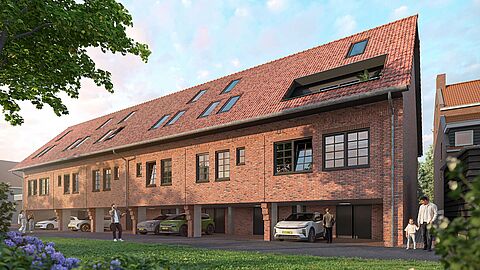 Appartementengebouw Dorpshoeve in Hekelingen vanaf de zijkant gezien. Opvallend: bruinrode bakstenen, rode pannen.