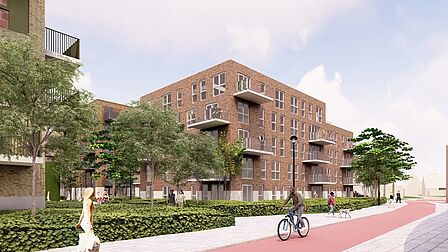 Schets van een van de woongebouwen in de nieuwe wijk District-S in Spijkenisse.