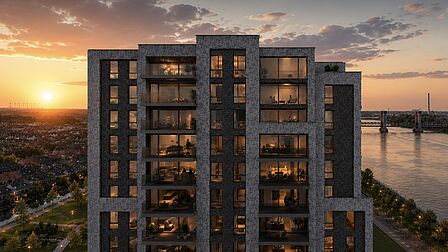 Bovenste etages van gebouw Stockholm tegen de ondergaande zon.