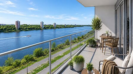 Uitzicht over de Oude Maas vanaf een terras van gebouw Stockholm in Spijkenisse.