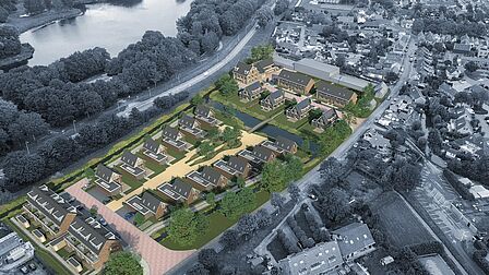 Impressie vanuit de lucht van nieuwbouwwijk Gemeenlandsewijk in Abbenbroek, met ernaast het Bernissegebied.