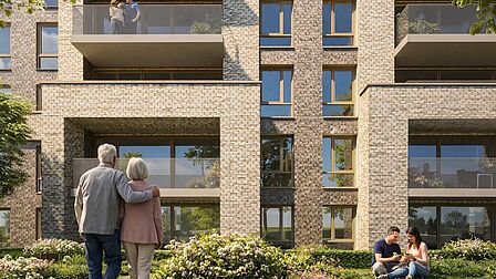 Impressie gezamenlijke tuin woongebouw Stockholm in Spijkenisse, op de begane grond.