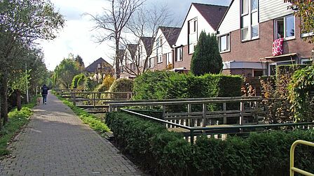 Gezinswoningen aan een oude sloot en een voetpad in de wijk Waterland in Spijkenisse.