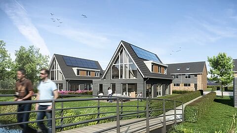 Mensen wandelen door de wijk Gemeenlandsewijk, met vrijstaande huizen op de achtergrond (impressie).