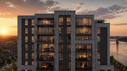 Impressie bovenste appartementen gebouw Stockholm in Spijkenisse. Met een avondlucht.
