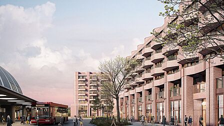 Impressie nieuwbouwproject New Haven. Zalmkleurig gebouw met veel balkons, tegenover metrostation Spijkenisse Centrum.